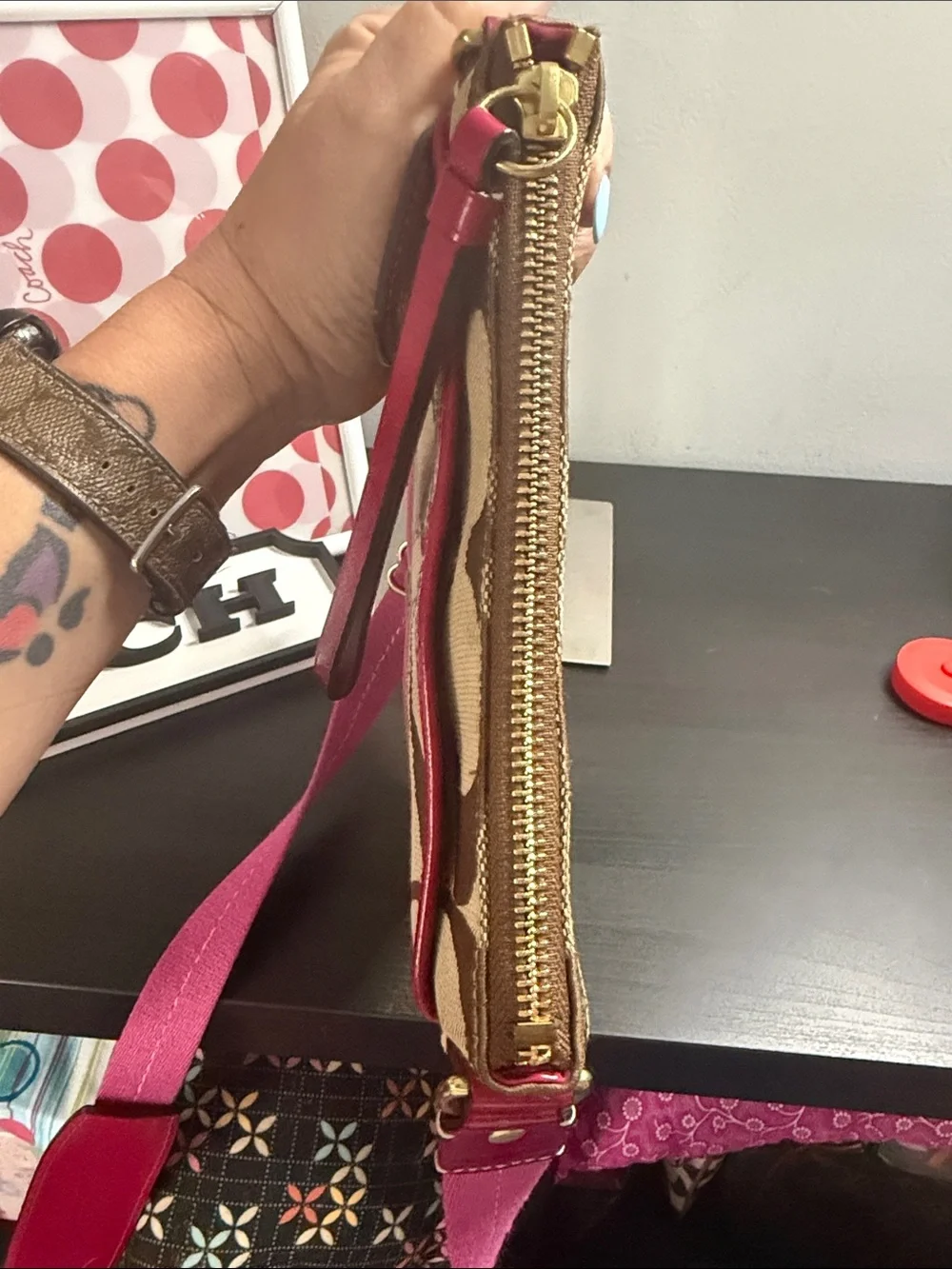 Coach Vintage Signature Stripe Canvas Crossbody with Pink Leather Trim